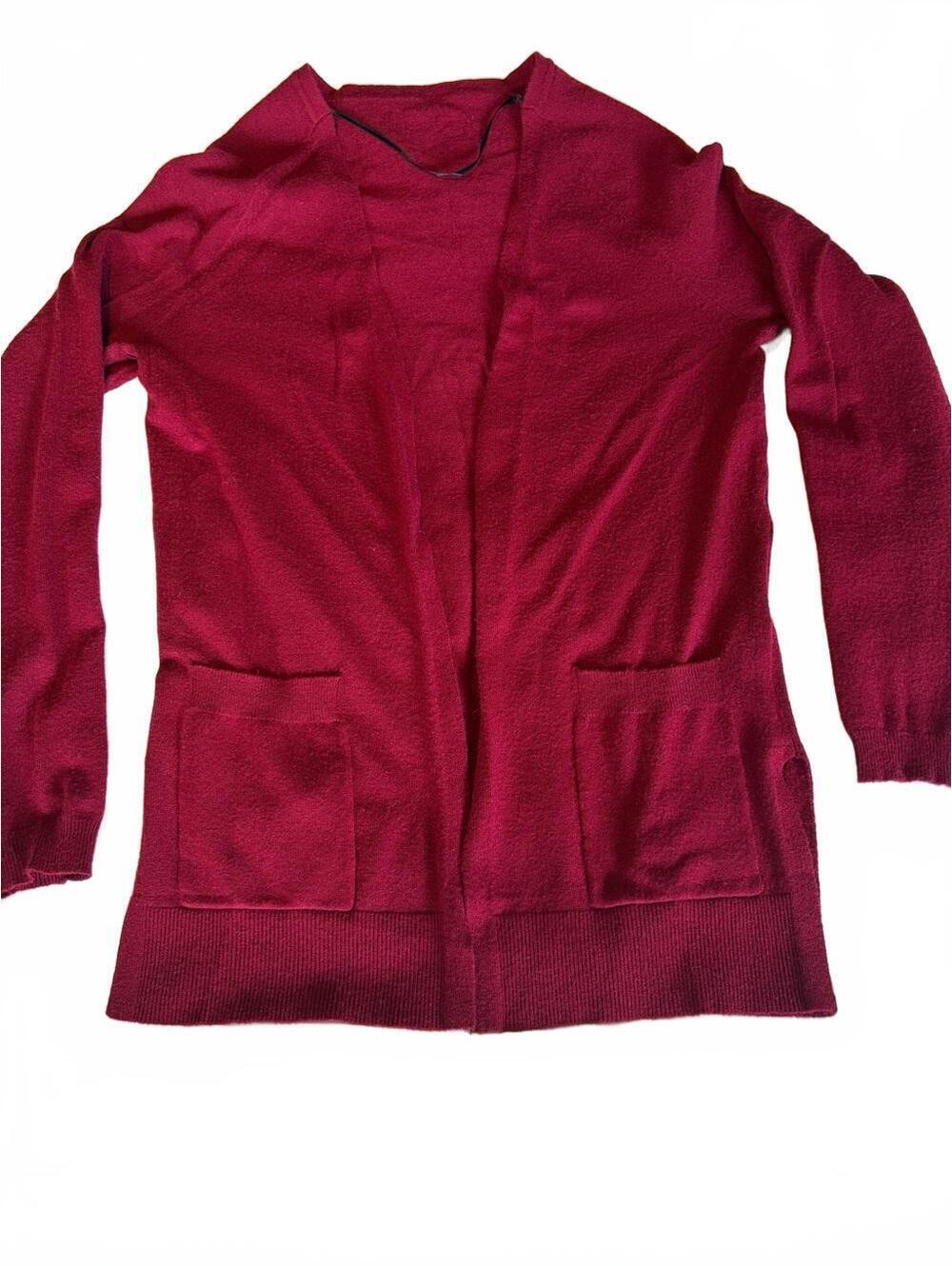 Open-Front Wine-Red Cardigan with Pockets